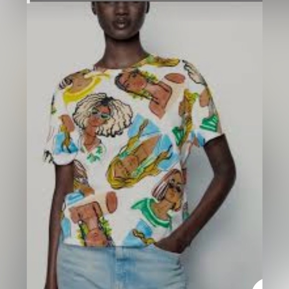 Zara faces pop art graphic boxy maximalist indie sleaze boho urban summery tee S